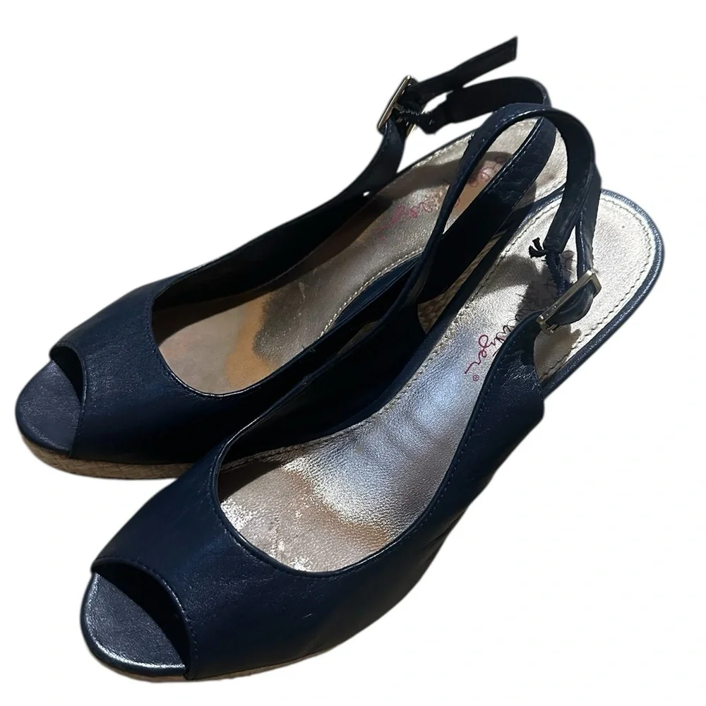Lilly Pulitzer Krisie Wedge Sling Back Sandals Navy Blue Women's 8